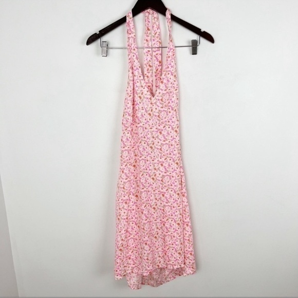 Abound Floral V-neck Halter Neck Skater Mini Dress Size 1X NEW Pink/White - Picture 3 of 10
